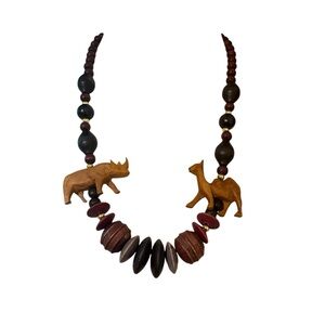 Carved Wood Animal Bead Necklace with Brown and Black Accents